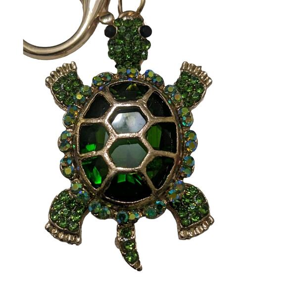 Green Rhinestone TURTLE Keychain Keyring Key Chain Ring Purse Charm Stones New - Picture 3 of 6